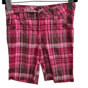 Green Soda Girl's 6 Gingham Plaid Bermuda Shorts Deep Pink And Burgundy Cotton